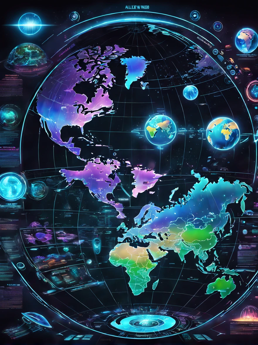 Future world electronic map，Electronic holographic projection map of alien high-tech civilization，light and shadow map，Cyberpunk world projection map