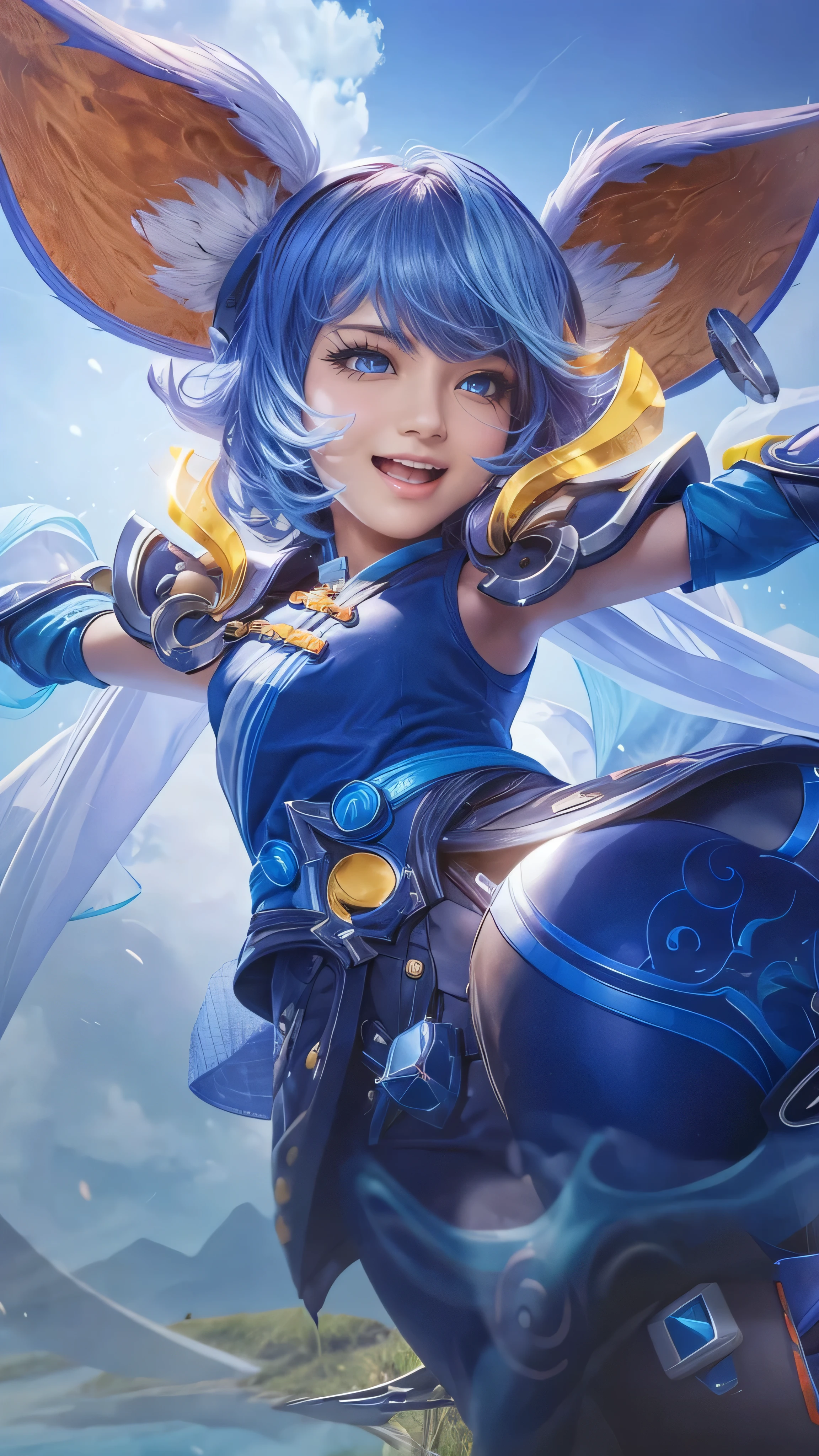 8k, highly detailed, photo realistic, close-up shot of a beautiful teenage woman with blue hair and blue clothes, laughing