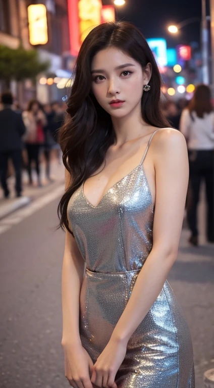 Lovely 17 year old woman, Long brown hair, Brown eyes, Sexy expression，Random actions,Red evening dress,the street lights,neonlight,Bustling street background,(Thin waist:1.1,Princess Eyes),  High quality, Masterpiece, Highly detailed，Seductive eyes