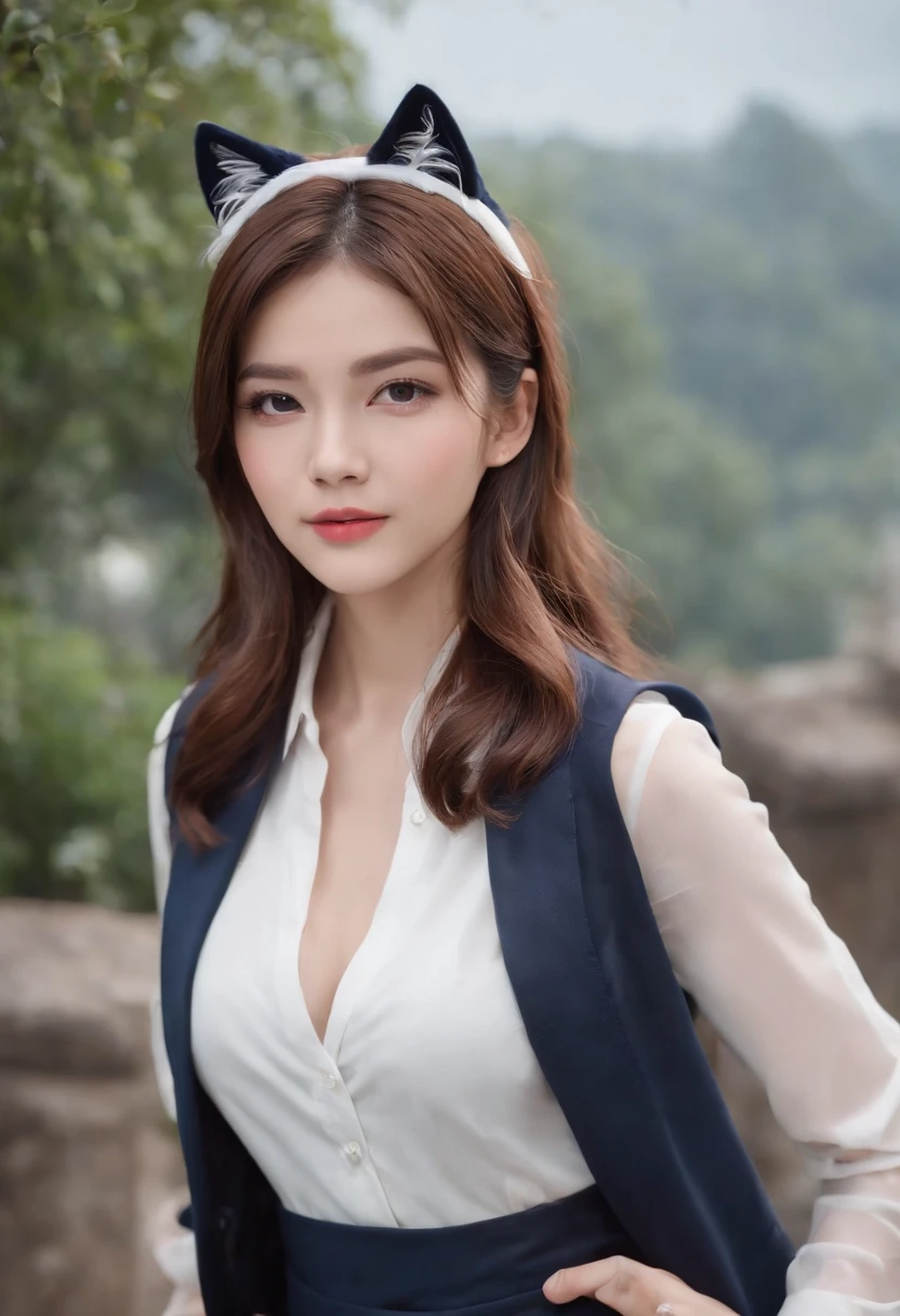 British woman in a suit、23 year old beautiful woman、Full body photo of a beautiful woman standing、she is wearing cat ears、hyper quality、High definition、real、photorealism、16k、4k、cinematic、white shirt、navy blue vest、Dark blue pants、navy blue setup、Hair style: brown mushroom cut、hair with highlights、