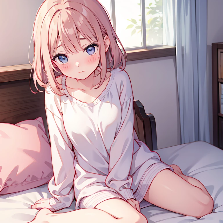 pretty face, Lovely，sitting on bed，shy，blush，Shy