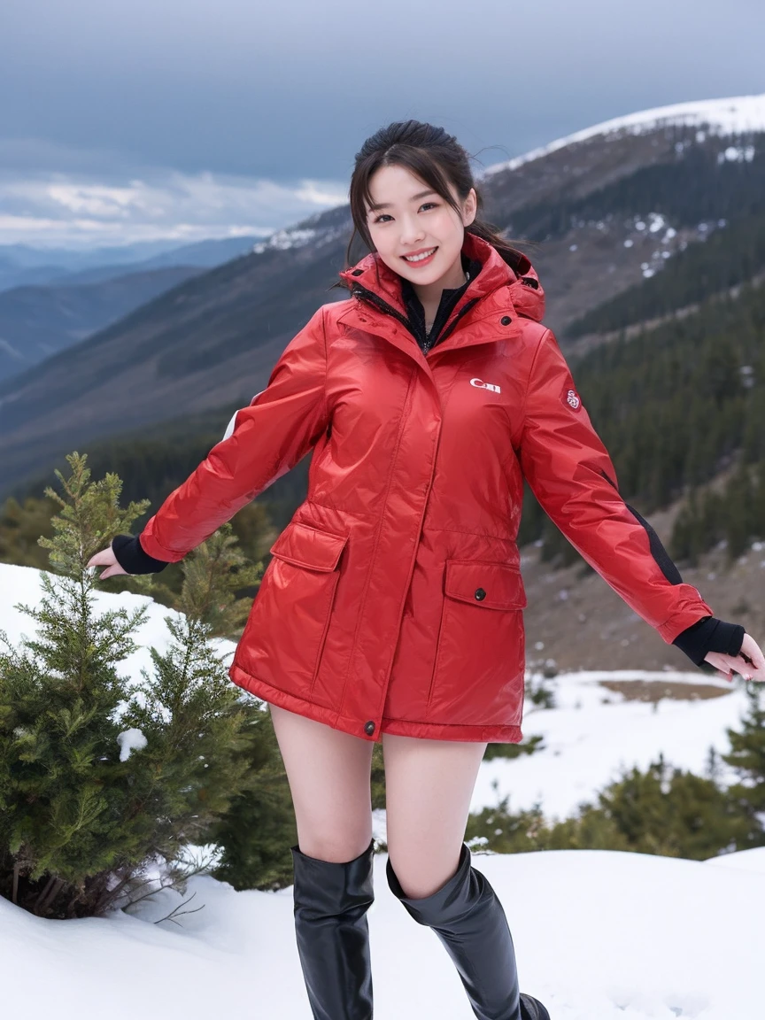 detailed,clear lines,best quality, master piece、on a snowy mountain、Canon Photo Crystal Clear ,(realistically:1.2), (Red coat、black mini skirt)、White short boots、Sassy pose、Take a full body photo、A sloppy smile、Glamour body type、medium long hair