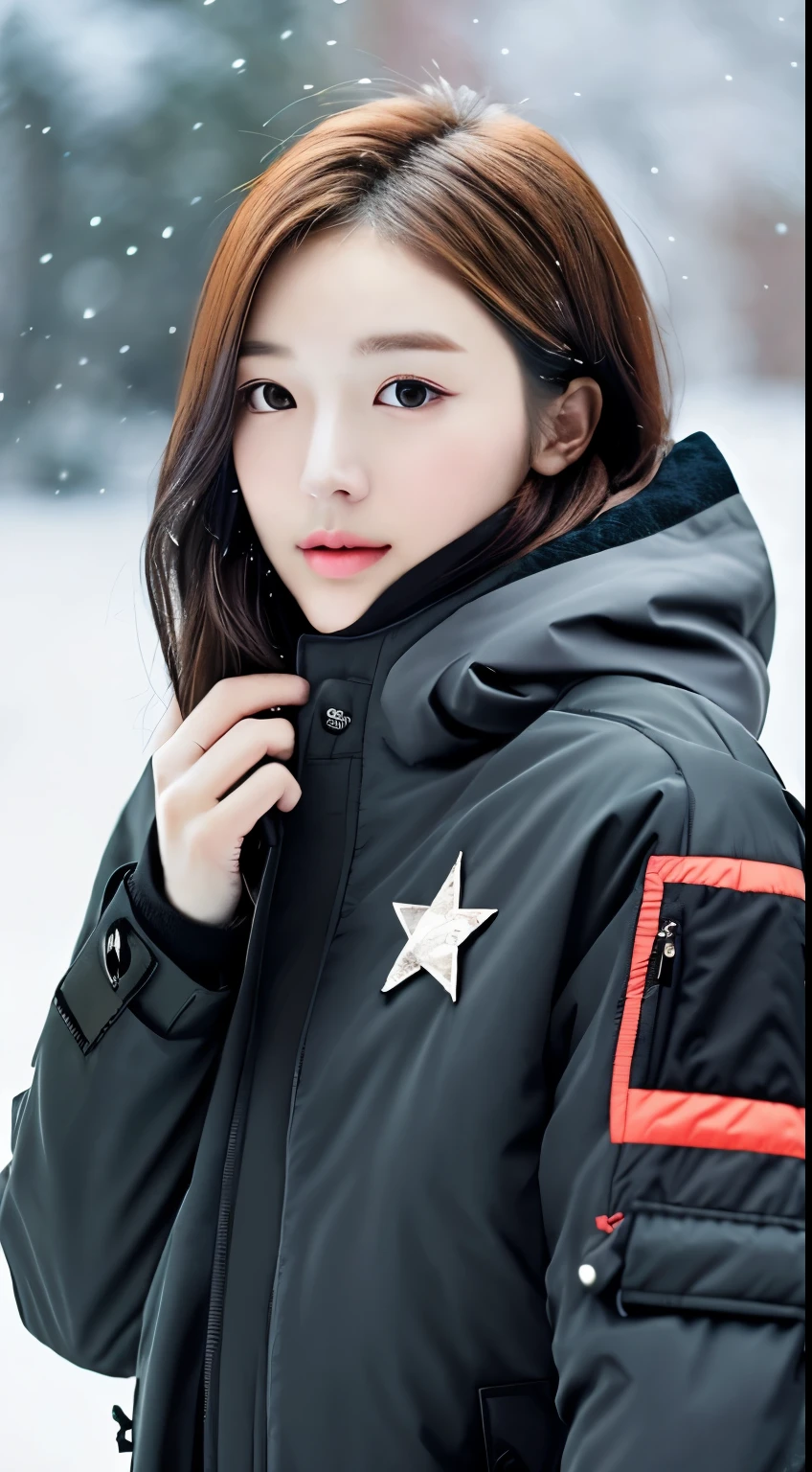 realistic photos of (1 cute Korean star) Shoulder-length hair, thin makeup, medium breasts size, (((black down jacket))), in the snow, clear facial features, 8K high resolution, sharp and realistic details.from outside, Eye-Level Shot, f/4.0, 135mm, Fujifilm, jpeg artifacts, dithering, UHD, masterpiece,fullbody