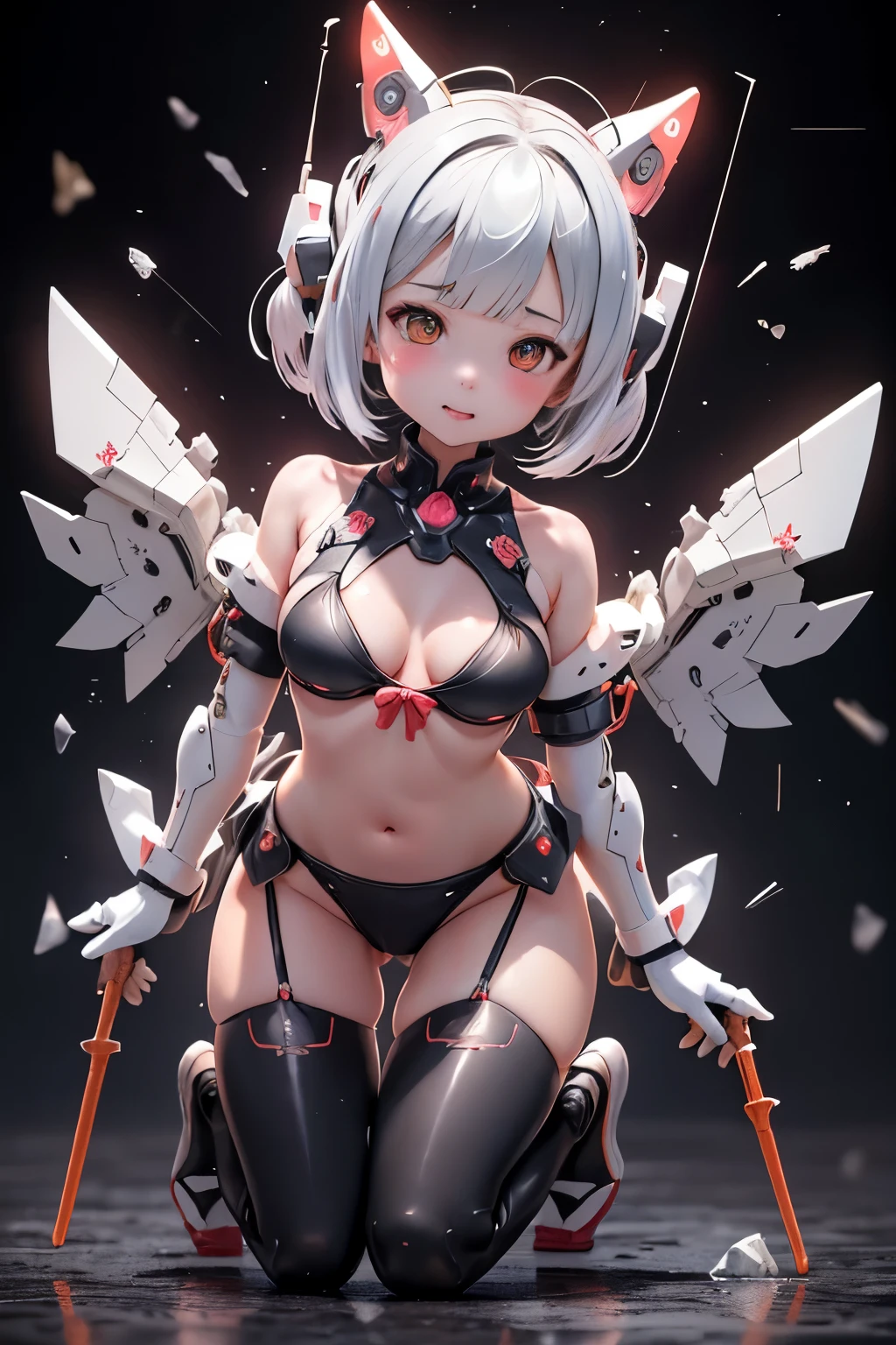 {(japanese young girl)}, (She is fused with futuristic Gundam mecha:1.1), white theme, with headgear, with v-fin , ((unarmored cleavage)), ((unarmored stomach)), ((unarmored upper arms)), ((unarmored face)), (unarmored hands), (unarmored waist), ((unarmored thighs)), (unarmored ankles), japanese girl wear white micro bikini, crawl on all fours:1.2,  full body:1.5, ,destroyed city background, multilayer textureperfect proportions, octane rendering, duotone lighting, Low ISO, wide aperture, White balance, Rule of thirds, ultra HD16k, HDR (High Dynamic Range), Ray Tracing, NVIDIA RTX, Super Resolution, Subsurface Scattering, PBR Texturing, Post Processing, Anisotropic Filtering, Depth of Field, Maximum Clarity and Clarity, High efficiency subpixel, subpixel convolution, particles of light, light scattered, Tyndall effect, full body:1.5, doggy style, cute, (cute:1.2), (bob cut:1.3),三つ編み, 黒髪, 太い眉毛, 薄い色の虹彩, 大きくて輝いている黒い瞳, 長いまつげ, 小さく薄い色の自然な唇, (Average face of Japanese idols), (日本人特有の童顔:1.3), (baby face), 広いおでこ:1.2, ふっくらした頬, 小さな顎, visible side boob, (attached huge weapon on back),looking at viewer,Focus on the eyes,with sleek and menacing design, (完璧な4本の指, 親指1本),