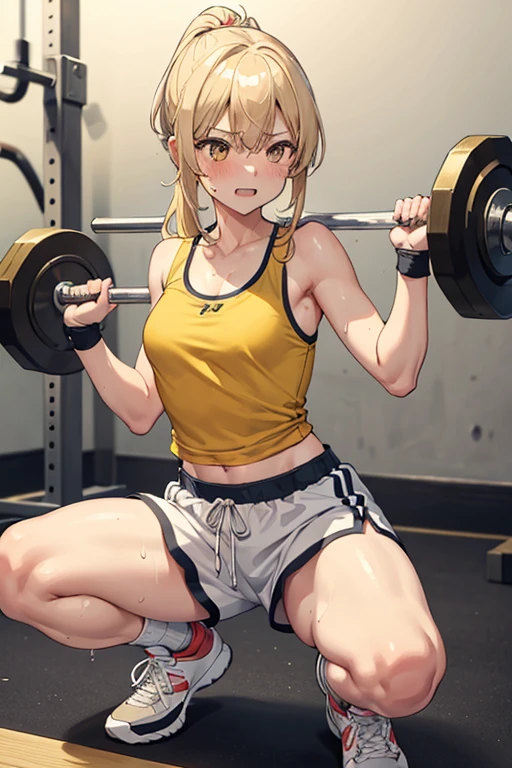 Marisa Kirisame, gym, yellow tank top, white shorts, sweat, high precision, highest quality, high image quality, pretty, cute, long blonde hair, yellow eyes, ponytail, small breasts, sweat dripping, showing teeth Laughing, training, exercise clothes, dynamism, white ribbon, holding one bar, exercise workout, sweating, carrying a barbell, grasping the bar with both hands, alone, squat