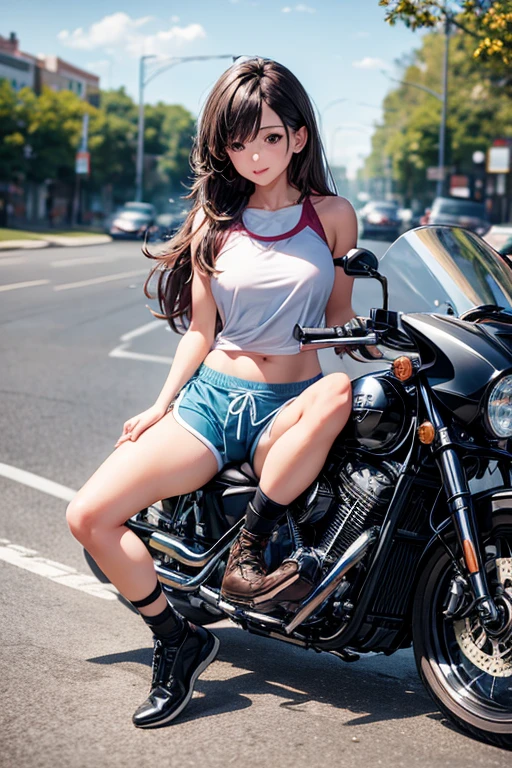 a girl straddling motorcycle saddle cushion, dolphin shorts,
