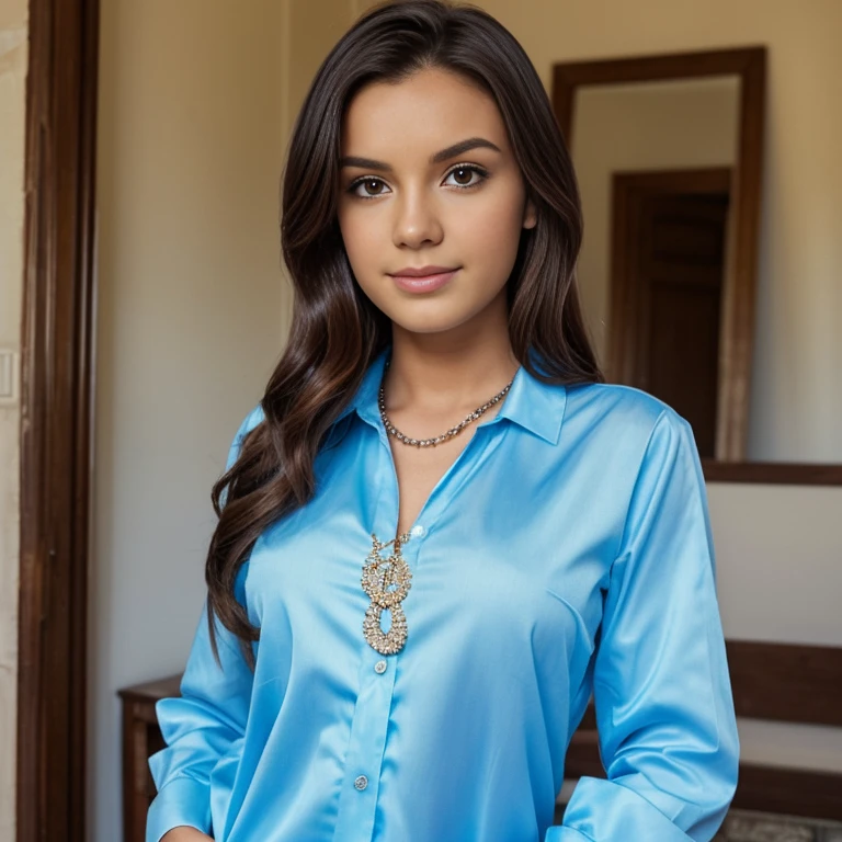 A close-up portrait of a young beautiful (Scottish | French | Spanish | Iraqi ) girl, soft natural skin, long layered bob hair style, slim with curves, Persian Paisley shirt, beautiful diamond necklaces and rings, soft lighting, {{{masterpiece))), (((super-realistic)))