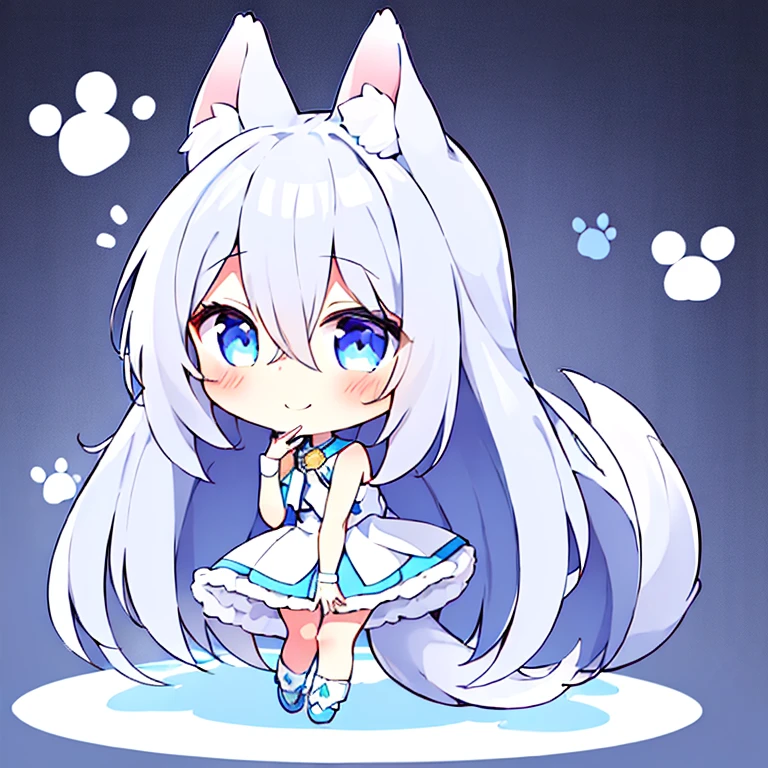 1 girl, animal ears, animal, Keep your mouth shut, hair between eyes, Tail, skirt, long hair, Smile, blue eyes, blush, Bangs, chibi, blue footwear, very long hair, white skirt, ahog, White background, alone, animal ear fluff, dog, bare shoulders