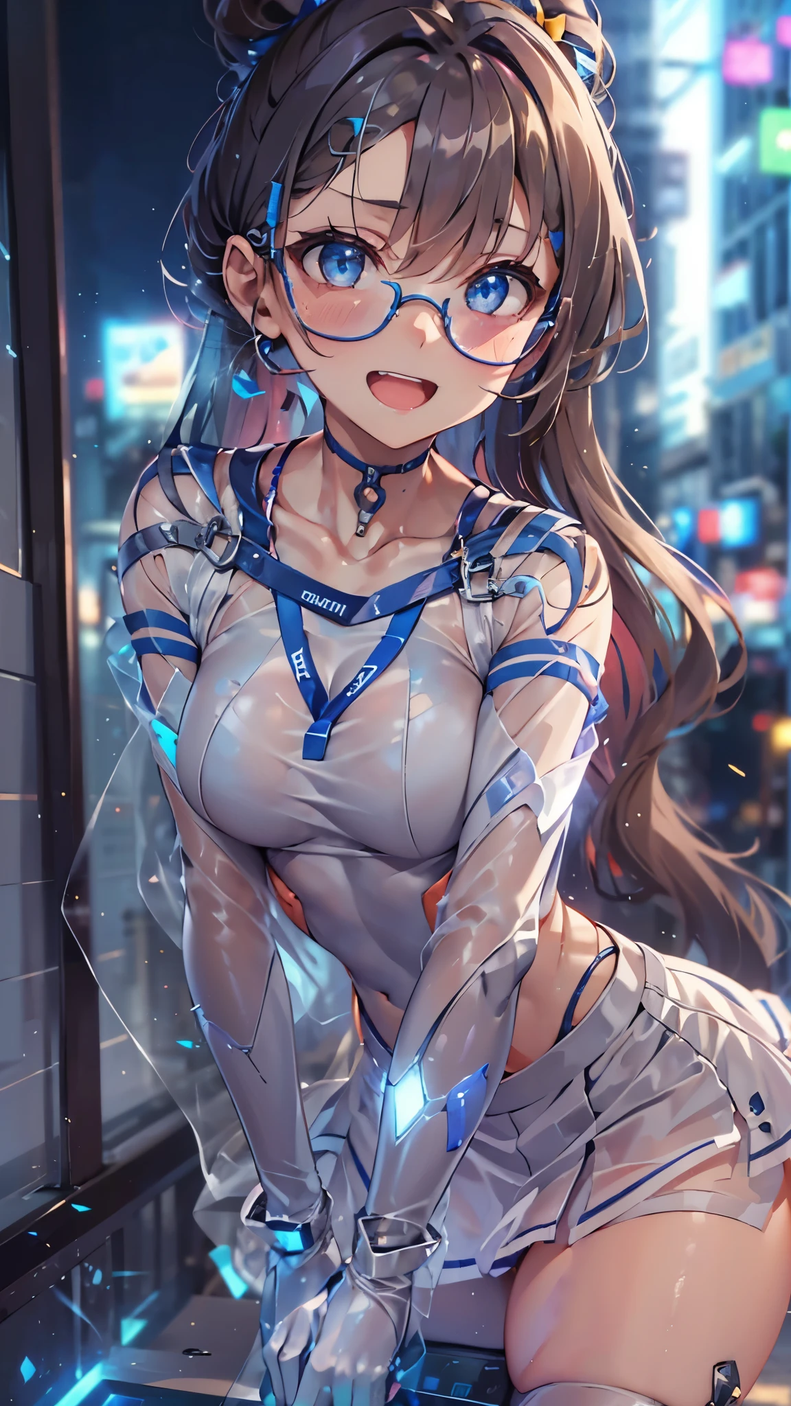woman,,,city,night,(((white and blue tight miniskirt bodysuit))),,open mouth smile((See-through))glasses,((beautiful long ponytail)),((Baby girl bohape))