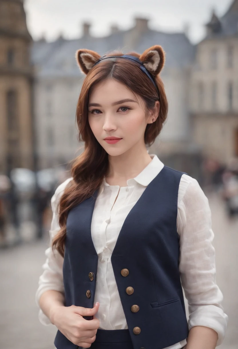British woman in a suit、23 year old beautiful British woman、Full body photo of a beautiful woman standing、wearing squirrel ears、hyper quality、High definition、real、16k、4k、white shirt、navy blue vest、Dark blue pants、navy blue setup、Hair style is brown mash short、hair with highlights、