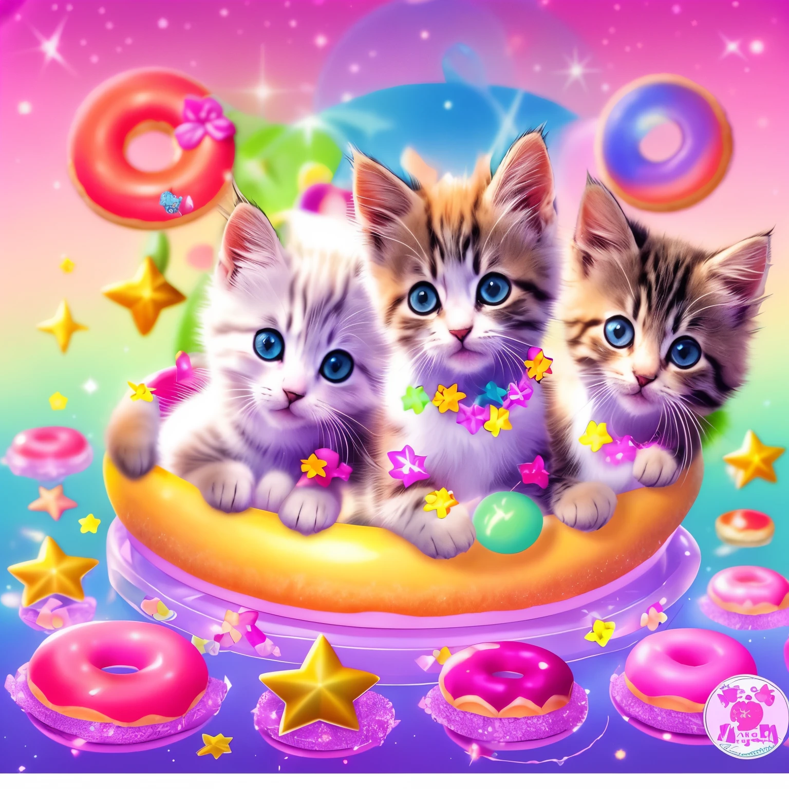 there are three kitten sitting in a donut float on the water, In Lisa Frank's Art Style, cute cat, cute kitten, Cat's Party, Lisa Frank Style, cute digital art, cute detailed artwork, Lisa - Frank, cute detailed digital art, kitten, cute artwork, by Lisa Frank, kitten in outer space, catscatscats, kittenサンドウィッシュ