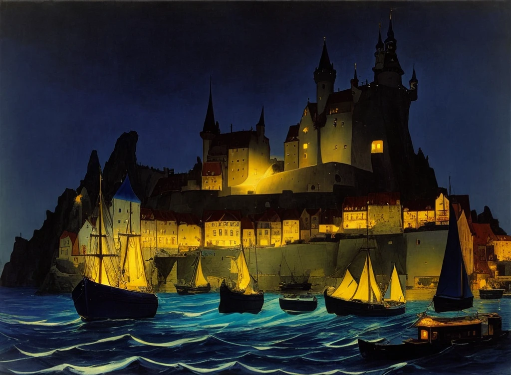 Illustration of a blue castle on a cliff with a blue boat , yellow light of a house in blue water, Franz Sedracek(Franz Sedlacek), Victoria Harbor at night, making: Laszlo Balogh, van aalsburg, Writer: Grzegorz Rutkowski, Writer: Alfons Karpiński, Writer : Karl Hofer, Old school dark fantasy art, Istvan Arkosi(István Árkossy), chaos