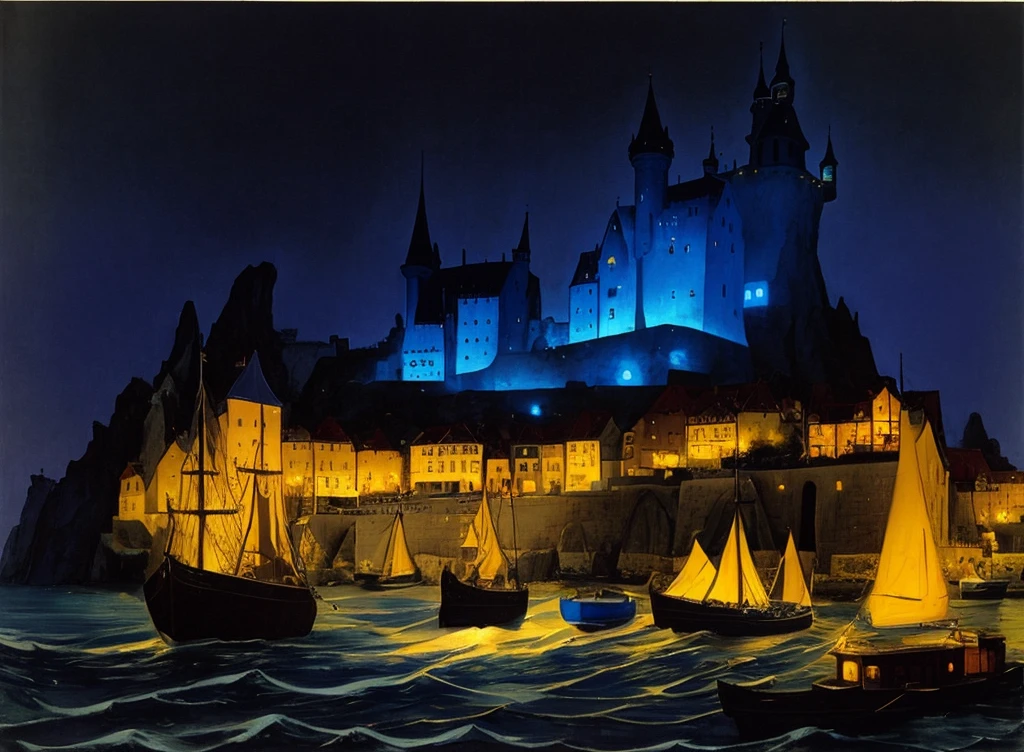 Illustration of a blue castle on a cliff with a blue boat , yellow light of a house in blue water, Franz Sedracek(Franz Sedlacek), Victoria Harbor at night, making: Laszlo Balogh, van aalsburg, Writer: Grzegorz Rutkowski, Writer: Alfons Karpiński, Writer : Karl Hofer, Old school dark fantasy art, Istvan Arkosi(István Árkossy), chaos