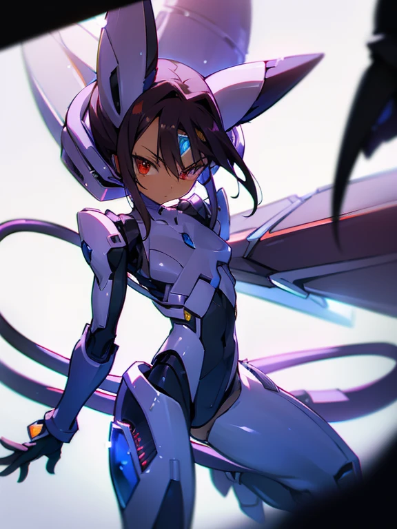 Masterpiece, best quality, highres, amazing quality, alita battle angel, flat chested, male, ,8  boy, shota, (Dark skin), cute, red eyes, very long dark brown hair, white mecha musume armour, white exosuit armour, black powersuit, android girl disgaea, (mecha eargear), white mecha armour leggings and white mecha gaunlets, no game no life Shuvi, 