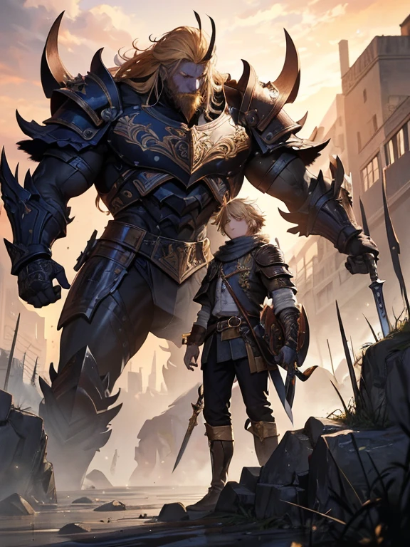 "Imagine a brave and determined young man with flowing, golden hair. He exudes a sense of confidence and strength as he stands tall, ready to face any challenge that comes his way. His clothing is rugged and practical, adorned with intricate details that reflect his journey as a skilled hunter. On his back, he carries a massive sword, a testament to his formidable skills. In the background, a fearsome and monstrous creature lurks, its menacing presence contrasting with the young man's unwavering resolve. Capture the excitement and intensity of this epic battle in your illustration!"
