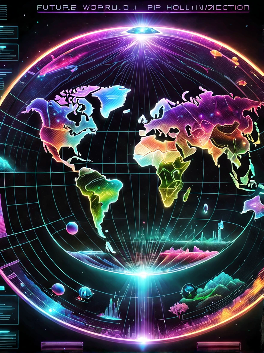 Future world electronic map，Electronic holographic projection map of alien high-tech civilization，light and shadow map，Cyberpunk world projection map