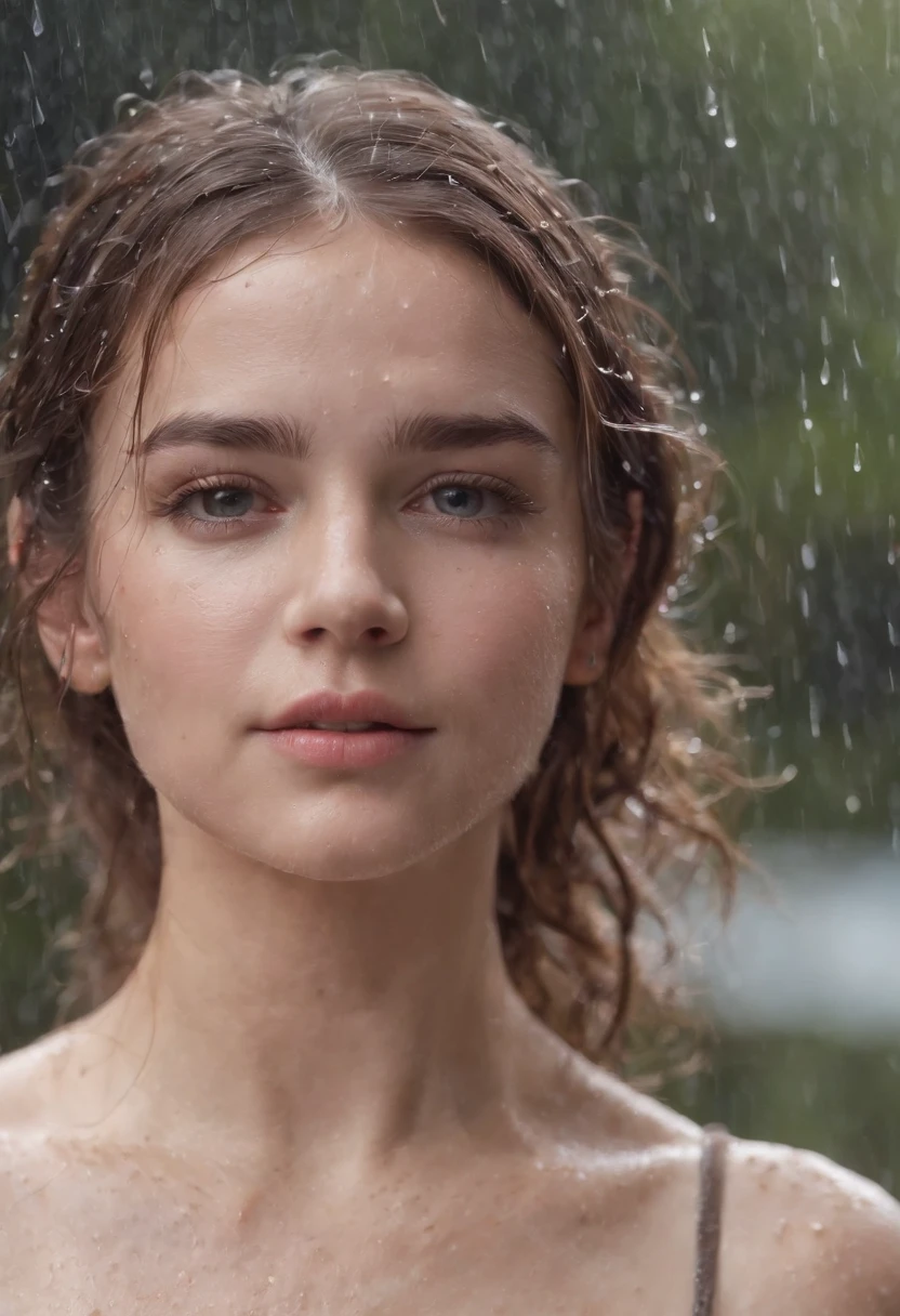 a close-up shot of the girl’s face, capturing the raindrops on her skin and the intensity of her emotions as she dances in the rain