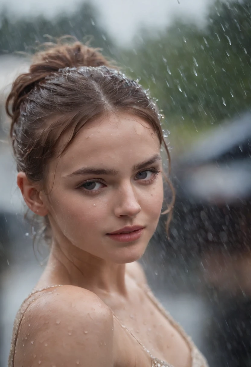 a close-up shot of the girl’s face, capturing the raindrops on her skin and the intensity of her emotions as she dances in the rain