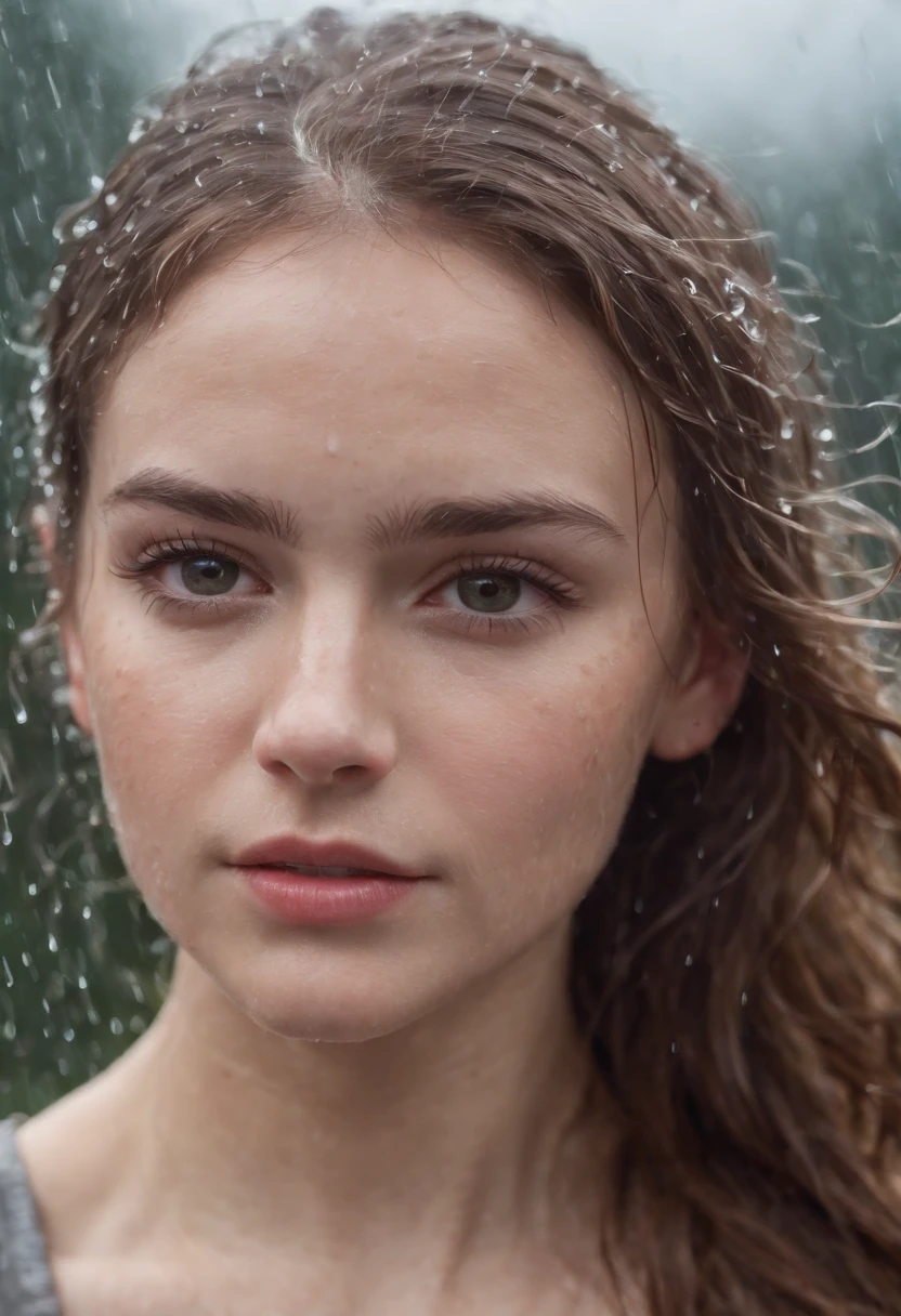 a close-up shot of the girl’s face, capturing the raindrops on her skin and the intensity of her emotions as she dances in the rain
