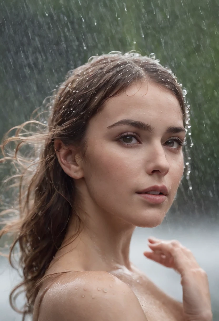 Russian girl, white shirt, unbuttoned, clean face, no makeup, natura, wet, rain, portrait, 50 mm