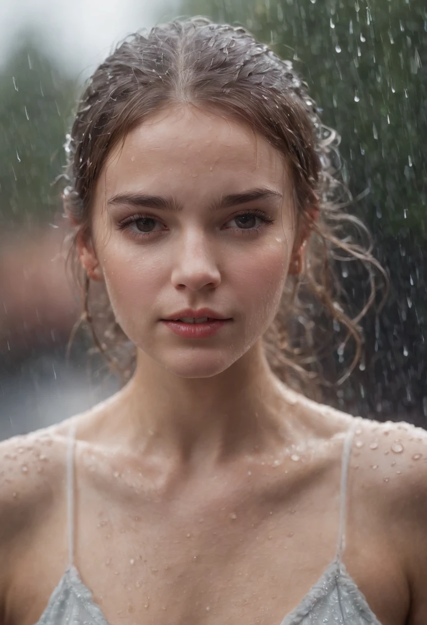 a close-up shot of the girl’s face, capturing the raindrops on her skin and the intensity of her emotions as she dances in the rain
