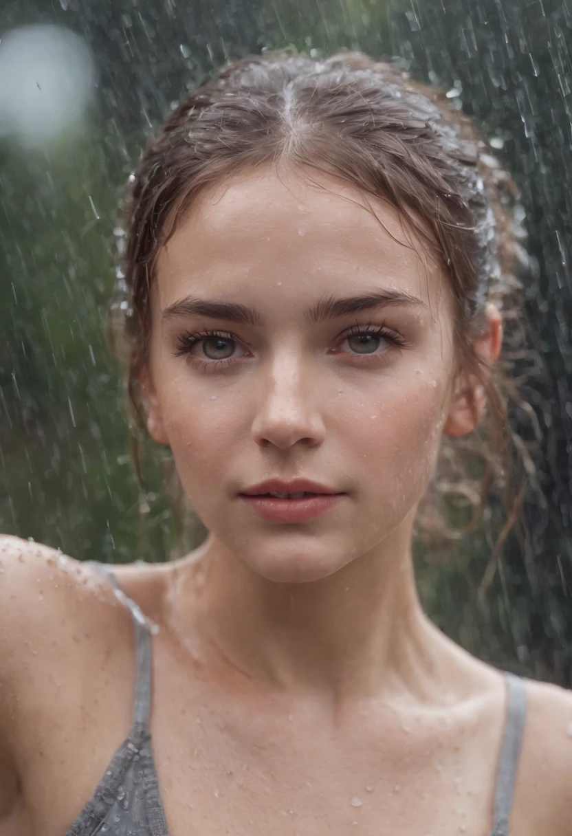 a close-up shot of the girl’s face, capturing the raindrops on her skin and the intensity of her emotions as she dances in the rain