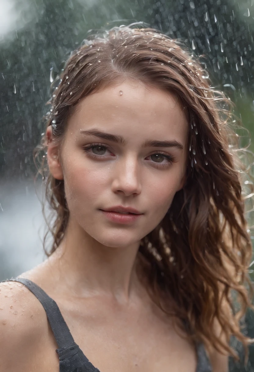 a close-up shot of the girl’s face, capturing the raindrops on her skin and the intensity of her emotions as she dances in the rain