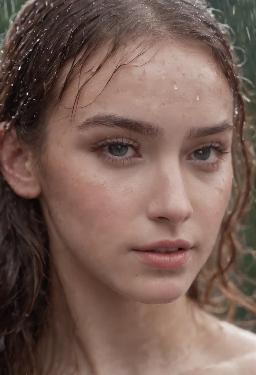 a close-up shot of the girl’s face, capturing the raindrops on her skin and the intensity of her emotions as she dances in the rain