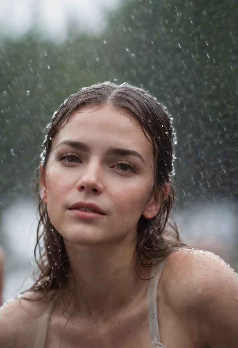a close-up shot of the girl’s face, capturing the raindrops on her skin and the intensity of her emotions as she dances in the rain