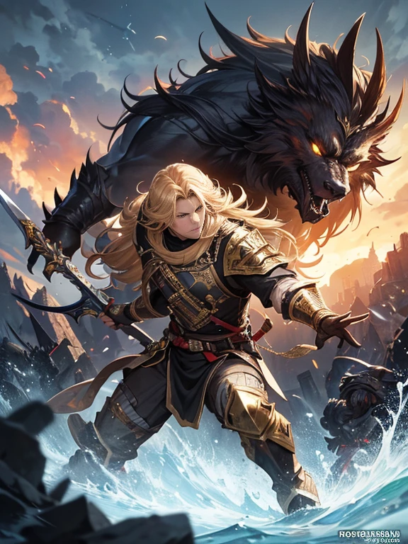 "Imagine a brave and determined young man with flowing, golden hair. He exudes a sense of confidence and strength as he stands tall, ready to face any challenge that comes his way. His clothing is rugged and practical, adorned with intricate details that reflect his journey as a skilled hunter. On his back, he carries a massive sword, a testament to his formidable skills. In the background, a fearsome and monstrous creature lurks, its menacing presence contrasting with the young man's unwavering resolve. Capture the excitement and intensity of this epic battle in your illustration!"