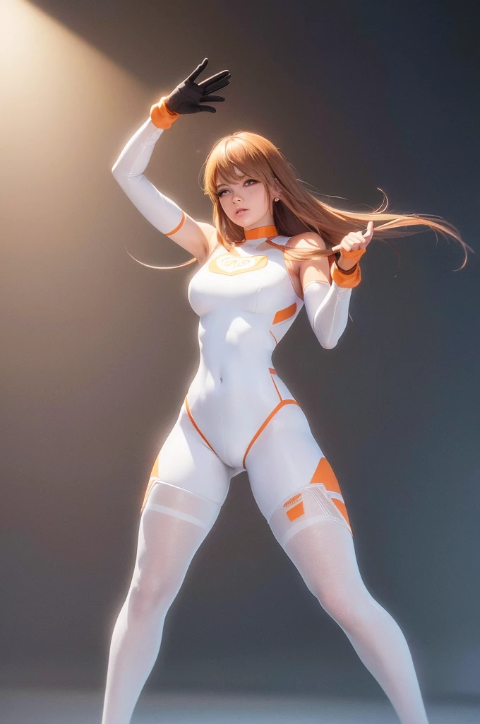 (best quality,8k:1.2,high resolution:1.2),ultra-detalhado,Realistic,retro science female,static pose,long hair,rosto extremamente detalhados,long eyelashes,all sheer light orange Collant de nylon Apertado,white pantyhose, light orange gloves,light orange Glossy metalic accessories,Physically-based rendering,foco nítido,studio lighting