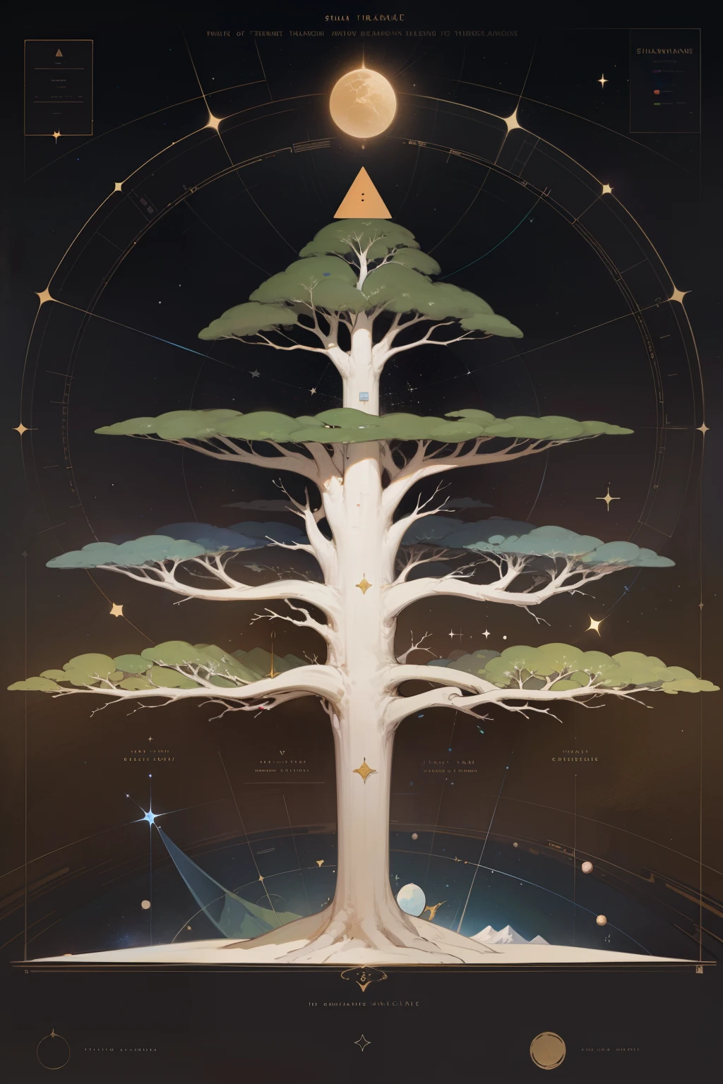 The Tree of Life,Multi-layered universe hierarchy diagram,Detailed chart annotations,Triangle boundary,The dividing line of mysticism,Mountain and planet levels,surrounded by stars,Schematic diagram,Many details are rich,Complex display charts,Alchemy Universe,Astronomy teaching chart,