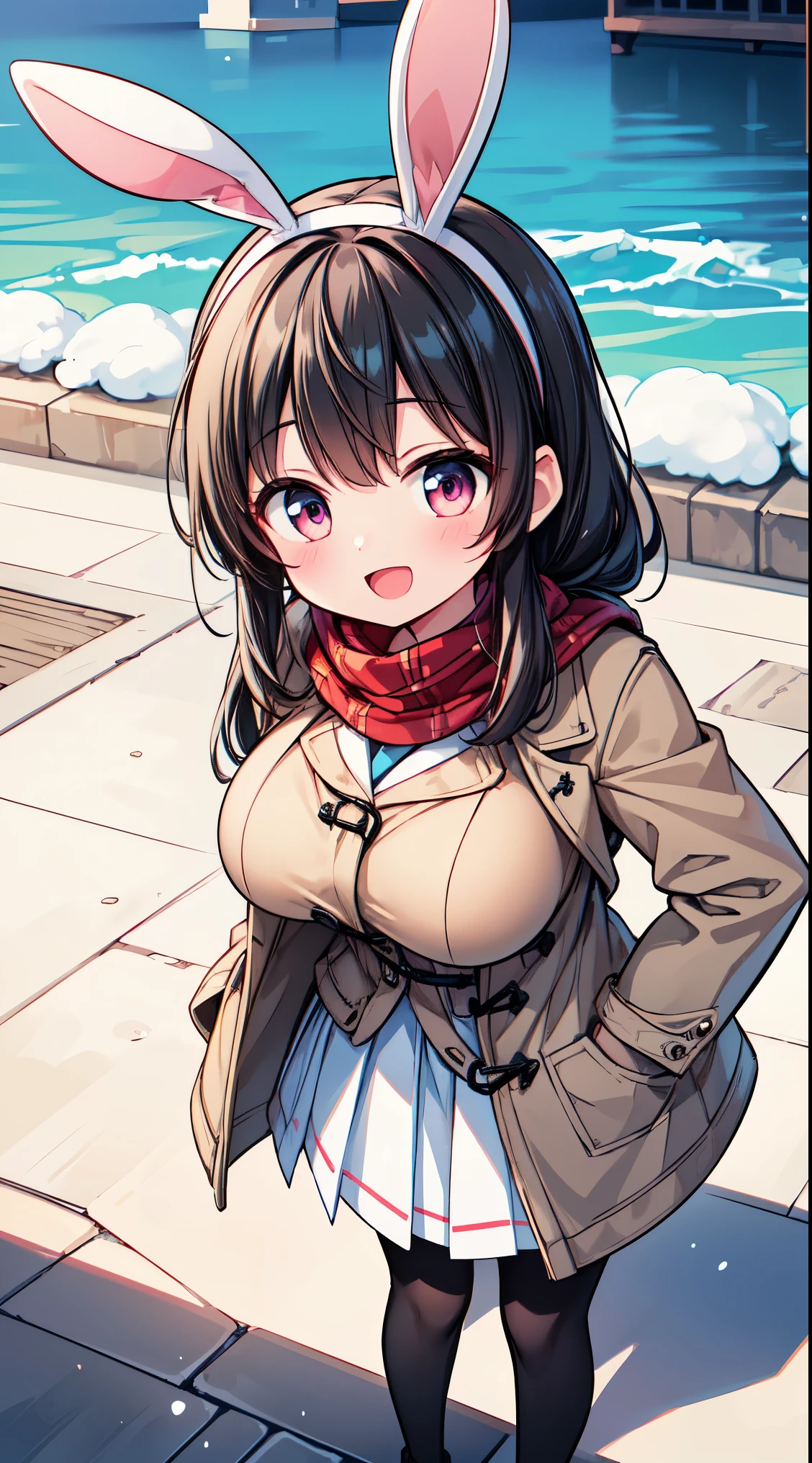 (super fine illustration:1.2),(masterpiece, 8k), (best quality, high quality:1.4), perfect anatomy, hyper detailed, ultra detailed,masterpiece background,beautiful detailed background, v8k wallpaper,perfect design,award-winning art,atmospheric, BREAK, 1 beautiful girl, (horny girl, cute, full of energy),(Cute:1.5),(Chibi:0.6),(kawaii:1.5),(change:0.5),BREAK,(17 years old girl), colorful, highest details, BREAK, (Huge breasts: 1.35), (black hair:1.75), (Side Ponytail,medium-Long hair: 1. 2), (pink eyes, long eyelashes, Double eyelids: 1. 2), (white bunny ears headband:1.2),gleaming skin,Clear skin, Beautiful skin, Shy skin,(best quality face),(Top quality glowing eyes),(The best smile,:D:1.45), nose blush,BREAK squatting, hands in pocket, close-up thighs,BREAK school uniform, white blous,white skirt:1.1), long sleeves, red neck ribbon, beige cardigan, (navy duffel coat:1.2),(red plaid pattern scarf:1.1),black pantyhose, BREAK outdoors, winter park, snow, BREAK,wakame,wakame,wakame,(from above,cowboy shot:1.5) , hanging breasts, nose blush, heavy breathing, steam, ((:o):1.2) BREAK,(Blurry background:1.3),(absurderes, hight resolution, Super Detail Art),cel shading,Clear Color, Lonely optical effect, Beautiful pictures, Bright glow, mystic atmosphere,(Close-up of girl:0.8), Mystical light particle effect,manga influence, clean line drawings