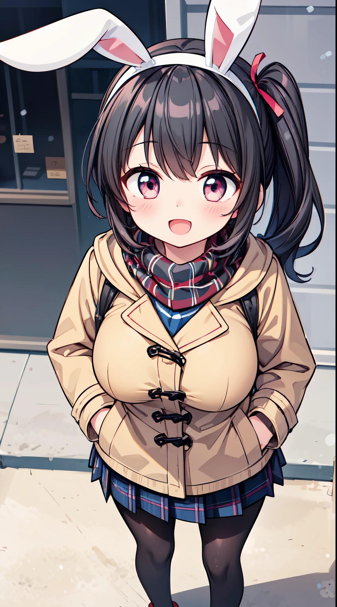 (super fine illustration:1.2),(masterpiece, 8k), (best quality, high quality:1.4), perfect anatomy, hyper detailed, ultra detailed,masterpiece background,beautiful detailed background, v8k wallpaper,perfect design,award-winning art,atmospheric, BREAK, 1 beautiful girl, (horny girl, cute, full of energy),(Cute:1.5),(Chibi:0.6),(kawaii:1.5),(change:0.5),BREAK,(17 years old girl), colorful, highest details, BREAK, (Huge breasts: 1.35), (black hair:1.75), (Side Ponytail,medium-Long hair: 1. 2), (pink eyes, long eyelashes, Double eyelids: 1. 2), (white bunny ears headband:1.2),gleaming skin,Clear skin, Beautiful skin, Shy skin,(best quality face),(Top quality glowing eyes),(The best smile,:D:1.45), nose blush,BREAK squatting, hands in pocket, close-up thighs,BREAK school uniform, white blous,white skirt:1.1), long sleeves, red neck ribbon, beige cardigan, (navy duffel coat:1.2),(red plaid pattern scarf:1.1),black pantyhose, BREAK outdoors, winter park, snow, BREAK,wakame,wakame,wakame,(from above,cowboy shot:1.5) , hanging breasts, nose blush, heavy breathing, steam, ((:o):1.2) BREAK,(Blurry background:1.3),(absurderes, hight resolution, Super Detail Art),cel shading,Clear Color, Lonely optical effect, Beautiful pictures, Bright glow, mystic atmosphere,(Close-up of girl:0.8), Mystical light particle effect,manga influence, clean line drawings