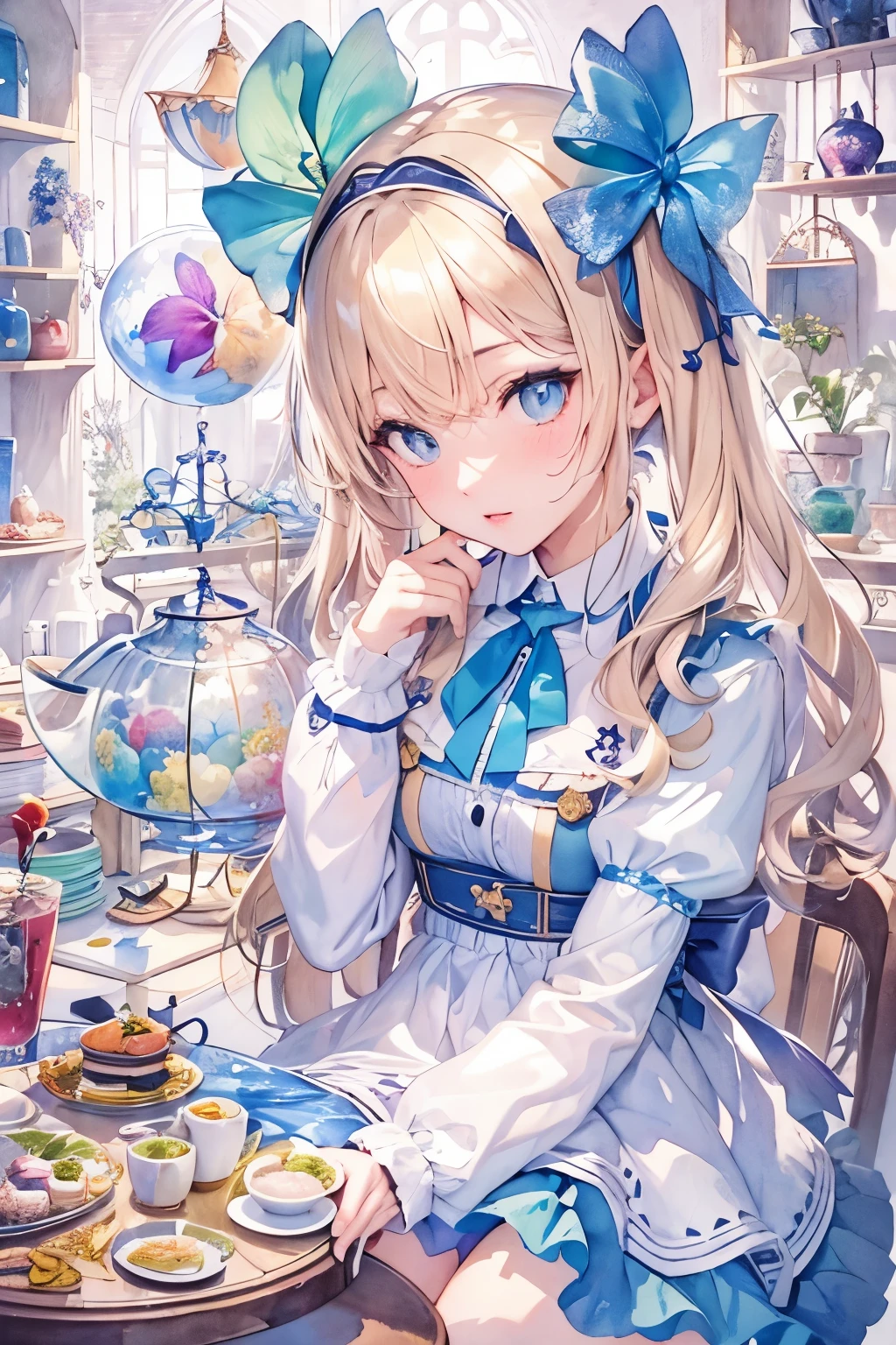 (masuter piece、top-quality、watercolor paiting、Mystical、Beautifully Aesthetic、offcial art、Impresionismo、von gogh:1.2)、(1 girl in:1.3)、(Fractal Art:1.4)、shinny skin、patterns、(alice in the wonderland:1.2)、(bunny rabbit、PlayingCards、tea cup、pocket watch:0.4)、Tie your hair with a ribbon、Blue Dress、a miniskirt、White Apron、white sock、platinum-blonde、Blue eyes、Exotic wallpapers、highly colorful、Abstract background、Fantastical