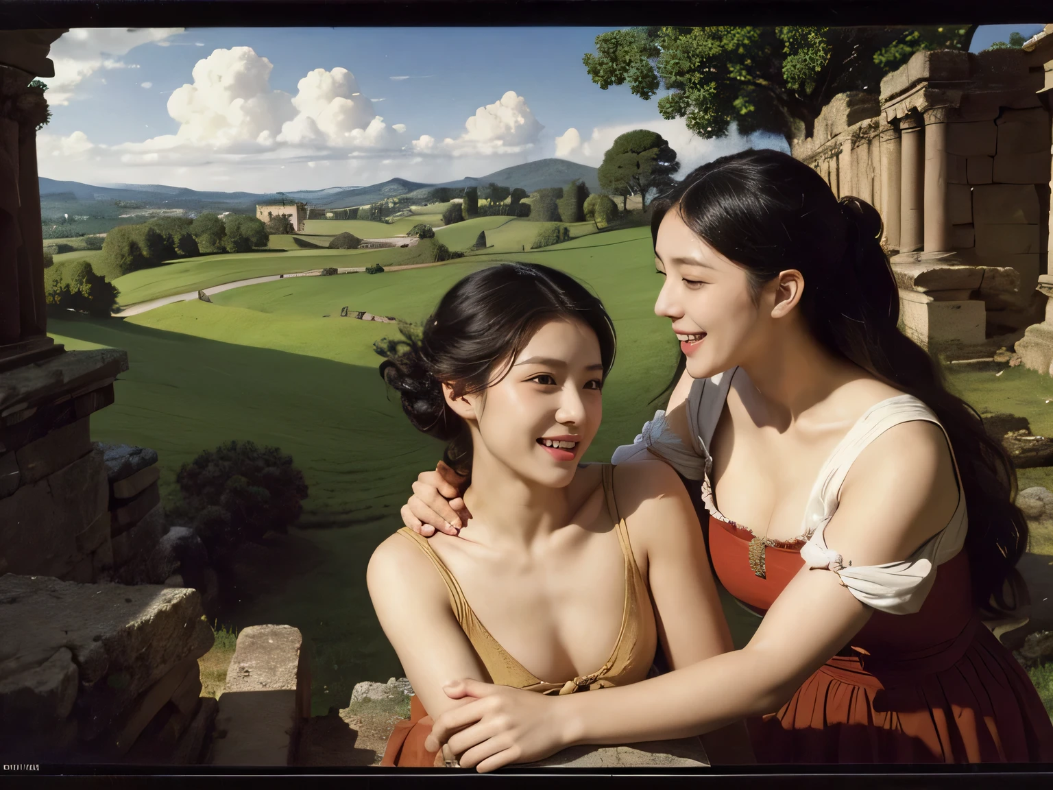 Ancient Roman ruins、Poussin-style landscape、smile、、Sweet and enchanting appearance、Caravaggio's paintings、Caravaggio's chiaroscuro、hair tousled by the wind、two women having fun、キュートなsmile、expression of ecstasy、sexy、erotic