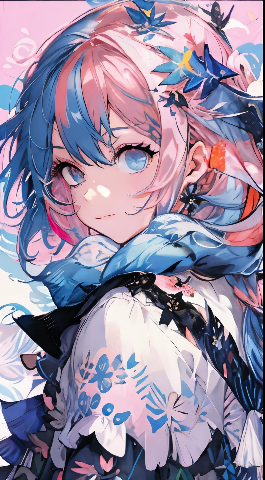 (masterpiece、、top-quality、top-quality、Watercolor art(Pendants)、Official art、Beautifully Aesthetic:1.2)、(1girl in:1.3)、(Fractal Art:1.3)、full body Esbian、star-shaped pupils、、patterns、(((Center division、colourful hair、Half blue and half pink hair:1.8)))、(student clothes)、colourfull、eye glasses、Writing、heterochromia iridis、(colourfull:1.5)、((rainbow skies))、suns、(Shy face)(a closeup:1.2)