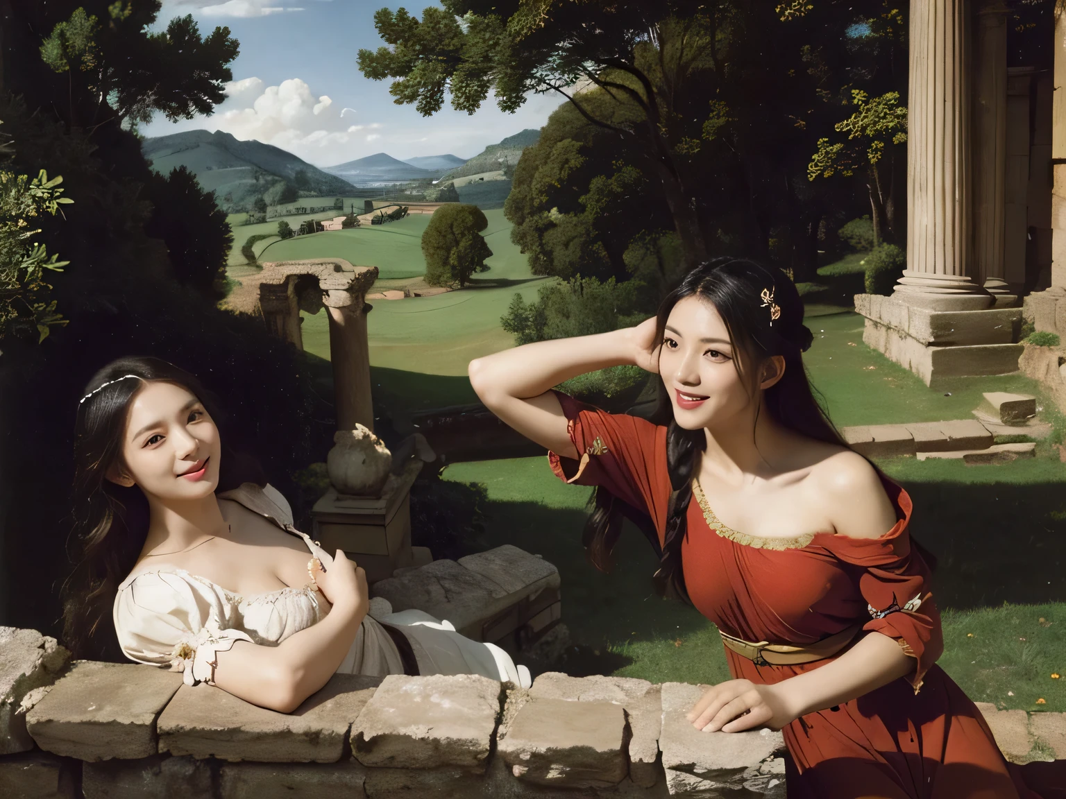Ancient Roman ruins、Poussin-style landscape、smile、、Sweet and enchanting appearance、Caravaggio's paintings、Caravaggio's chiaroscuro、hair tousled by the wind、two women having fun、キュートなsmile、expression of ecstasy、sexy、erotic