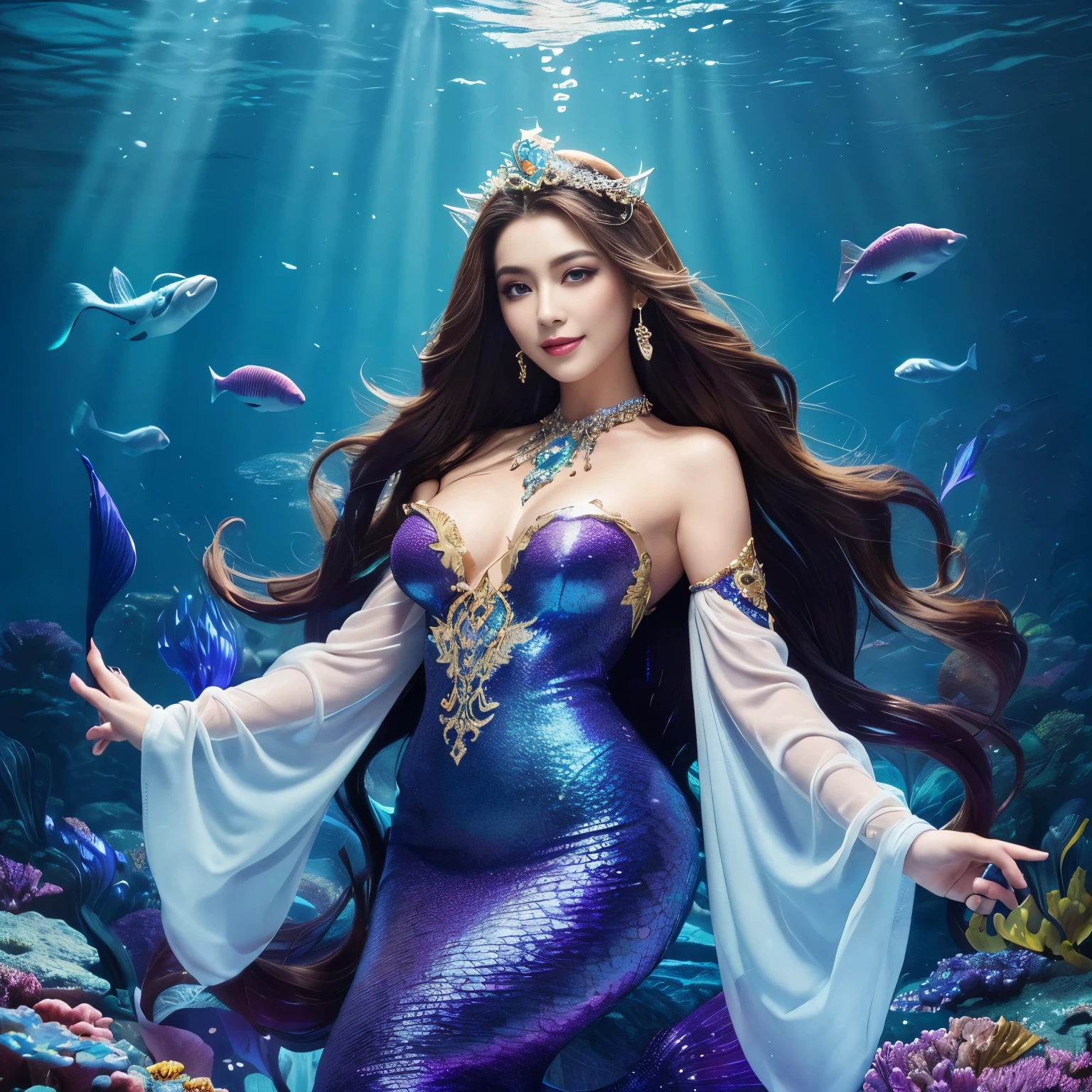 (highest quality、table top、8K、best image quality、hyper realism)、(Little mermaid wearing the most luxurious and luxurious costume:1.3)、(The most luxurious and finest transparent sleeve:1.1)、(A mermaid goddess swimming in the beautiful and luxurious deep sea rocks...:1.2)、(Extremely complex and detailed ocean depictions:1.1)、(There are many beautiful small tropical fish and corals in the sea...:1.1)、(The most luxurious and glittering underwater city:1.3)、(Mysterious and most brilliant beautiful underwater city:1.3)、(Detailed depiction of the beautiful ocean:1.1)、(Unimaginably beautiful and mysterious underwater depictions:1.1)、(Highly intricate and detailed sparkling blue and purple gradient scales:1.3)、(Mermaid goddess swimming in a beautiful rocky area in the deep sea Upper body photo:1.1)、(Accurate mermaid tail and beautiful fins)、Beautiful sea it shines intricately、Clear and detailed background,、(accurate anatomy:1.2)、(perfect hands:1.1)、(The most luxurious and finest jewelry decoration throughout the body:1.1)、golden decoration、the most gorgeous goddess sleeves、the most luxurious decoration、large amount of intricate gemstones、beautiful brown hair、Highly detailed glowing blue and purple gradient scales、(最も贅沢でhighest qualityの巨大ティアラ:1.1)、(It's very vivid, Fantastic and mysterious:1.2)、(最も贅沢でhighest qualityのジャイアントネックレス)、Beautiful shining blue and purple gradient tail of mermaid、perfect makeup、(the best smile when you look at me:1.2)