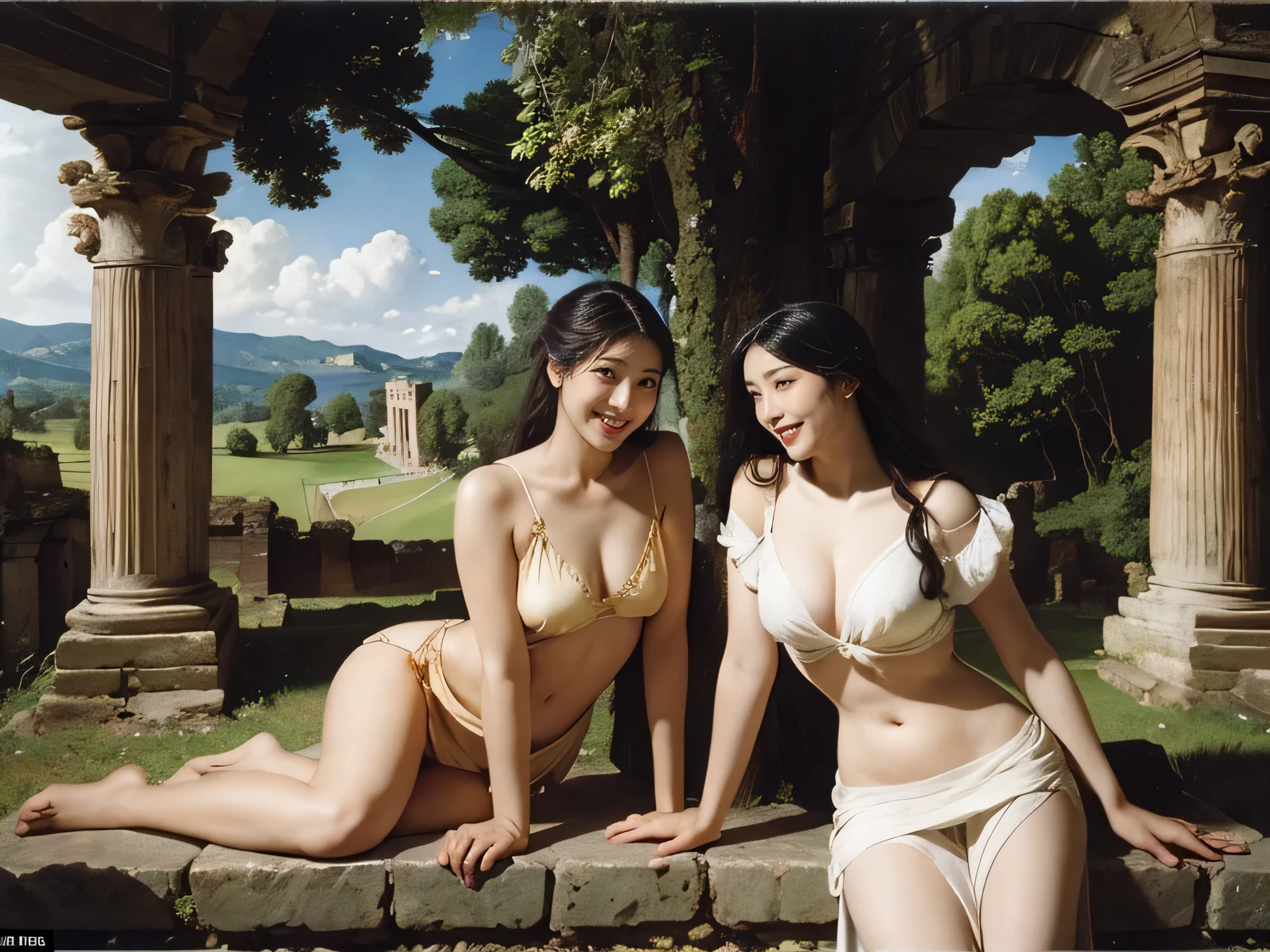 Ancient Roman ruins、Poussin-style landscape、smile、、Sweet and enchanting appearance、Caravaggio's paintings、Caravaggio's chiaroscuro、hair tousled by the wind、two women having fun、キュートなsmile、expression of ecstasy、sexy、erotic