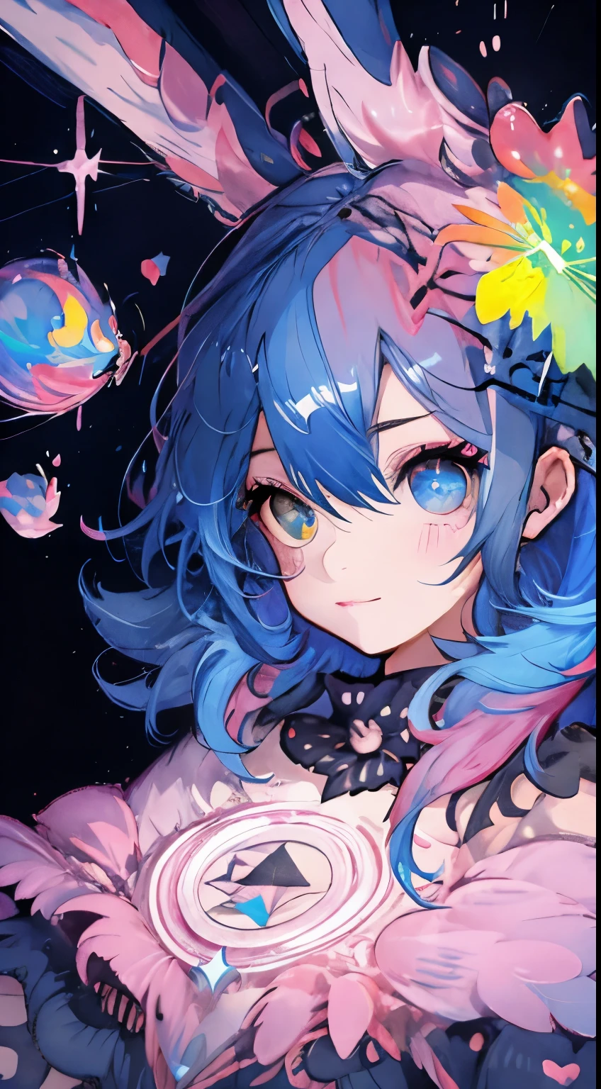 (​masterpiece、、top-quality、top-quality、Watercolor art(Pendants)、Official art、Beautifully Aesthetic:1.2)、(1girl in:1.3)、(Fractal Art:1.3)、full body Esbian、star-shaped pupils、、patterns、(((Center division、colourful hair、Half blue and half pink hair:1.8)))、(student clothes)、colourfull、eye glasses、Writing、heterochromia iridis、(colourfull:1.5)、((rainbow skies))、suns、(Shy face)(a closeup:1.2)