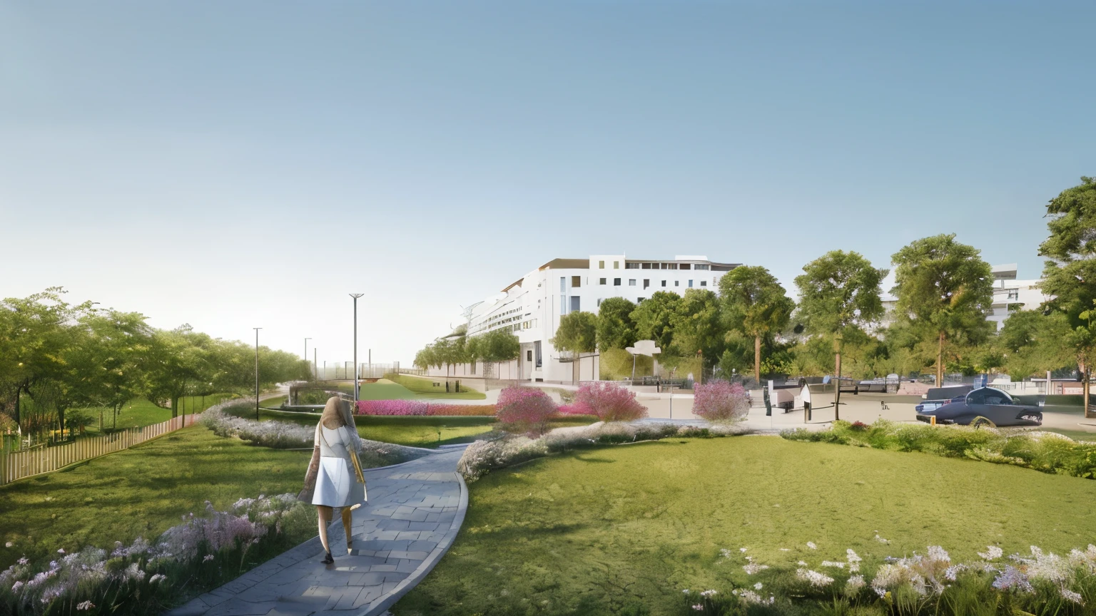 there is a woman walking down a path in a park, photo from 2022, wide angle exterior 2022, digital rendering, mantra rendering, rendering, architectural rendering, artistic impression, by Jakob Gauermann, near the beach, ground view shot, artist impression, artist's impression, photorealistic”, photorealistic ”, medical research facility, detailed rendering