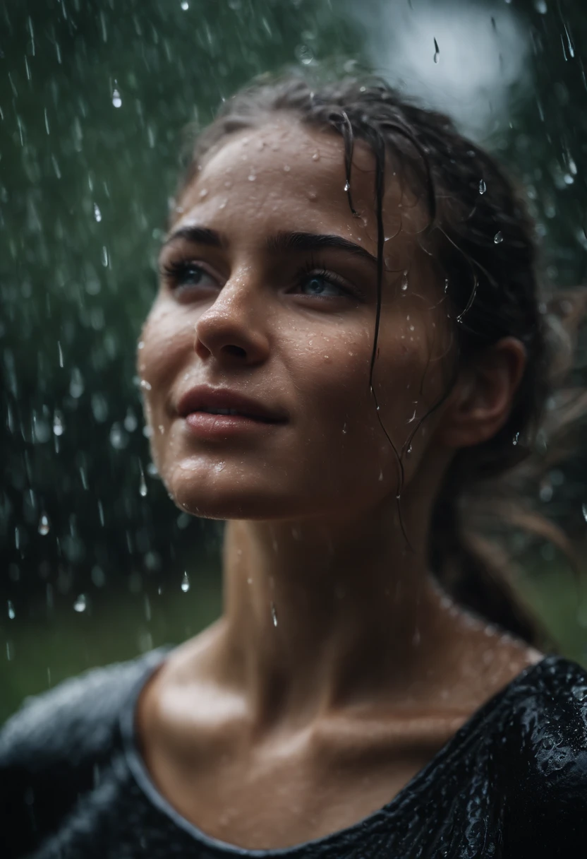 a close-up shot of the girl’s face, capturing the raindrops on her skin and the intensity of her emotions as she dances in the rain