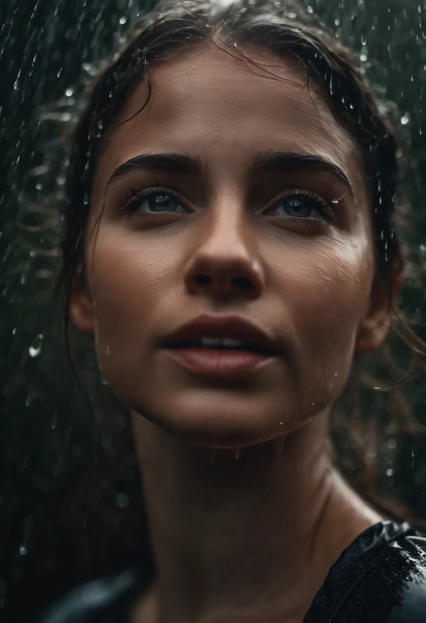 a close-up shot of the girl’s face, capturing the raindrops on her skin and the intensity of her emotions as she dances in the rain