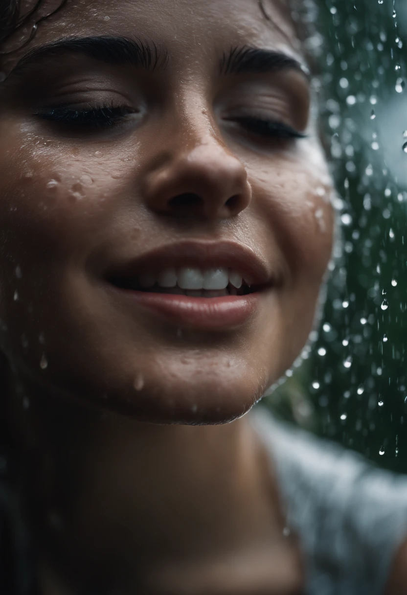 a close-up shot of the girl’s face, capturing the raindrops on her skin and the intensity of her emotions as she dances in the rain