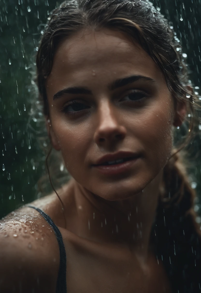 a close-up shot of the girl’s face, capturing the raindrops on her skin and the intensity of her emotions as she dances in the rain