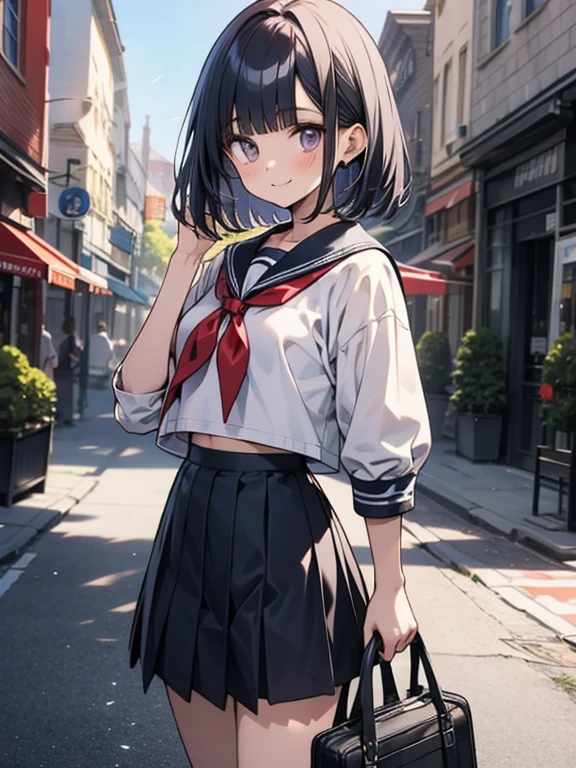 (highest quality),(very detailed),(enlightenment),(ultra high resolution), black hair, Anime adult woman wearing a sailor suit, (navy blue sailor uniform), anime style, 2D rendering of an anime adult woman, realistic young anime adult woman, Smooth anime CG art, (white headband), smile, purple eyes, small breasts, tall, Straight hair, short bob cut,long skirt, slanted eyes, (school scenery), The length of the skirt is long, Sailor suit is long,