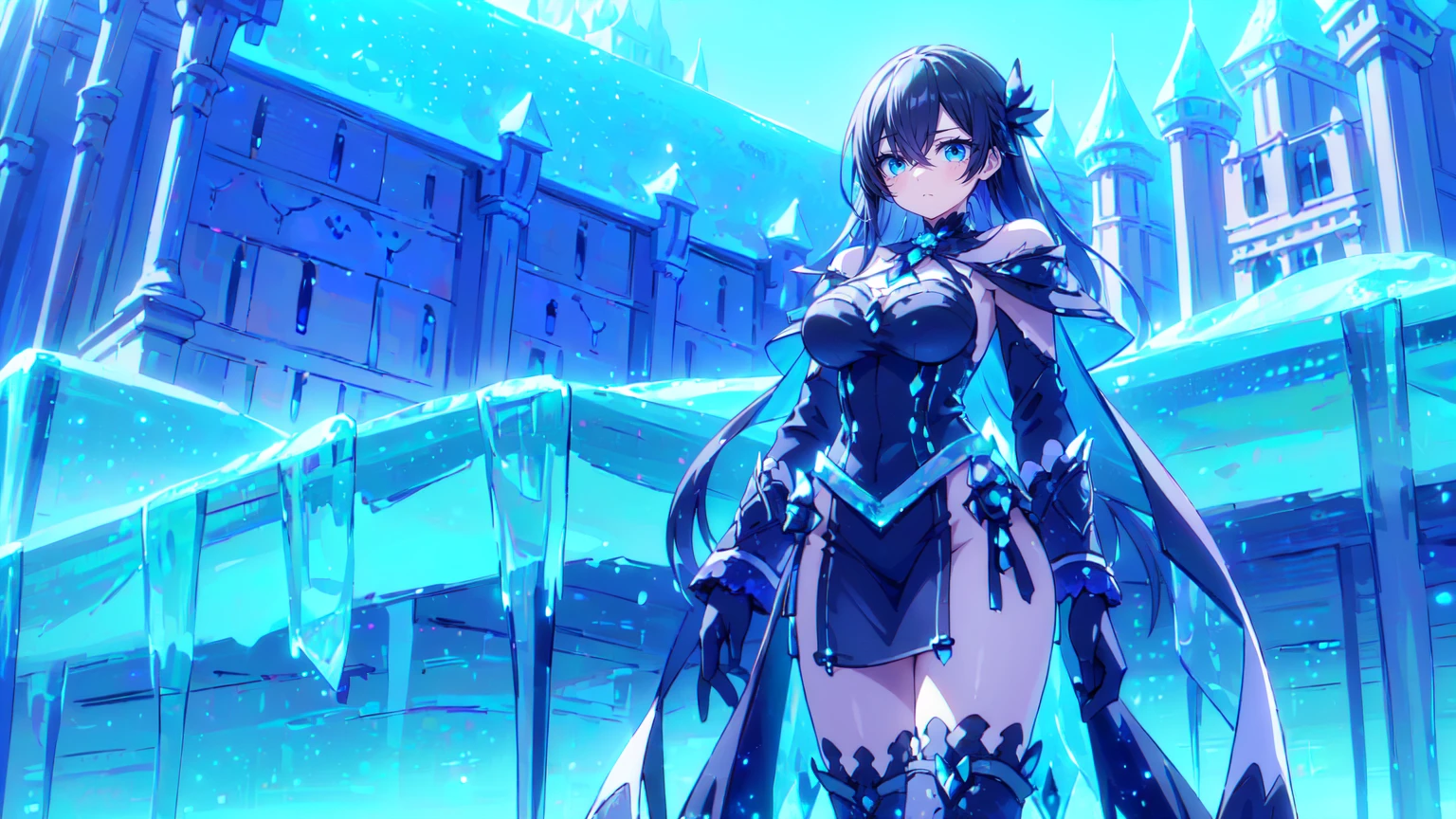 (A woman standing before a castle made of ice. The environment is cold and full of ice. The sky is dark.:1.2)
(She is holding a teal, frozen dagger.:1.2)
The woman has long black hair. Front hair covering her right eye.
She has blue scarf. She has blue boots that covers up to her knees. She has black gloves.
Her thighs are exposed.