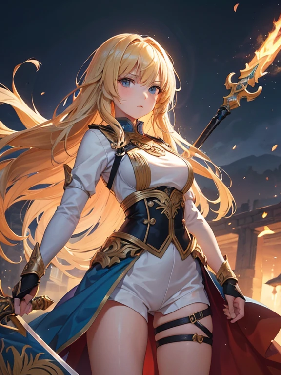 "Picture a fearless and fierce young girl with beautiful, flowing golden locks. Despite her delicate appearance, she radiates a sense of determination and courage as she stands poised, ready to vanquish any foe that crosses her path. With her trusty giant sword strapped to her back, she embarks on a thrilling monster hunt, embodying strength and grace in equal measure."
