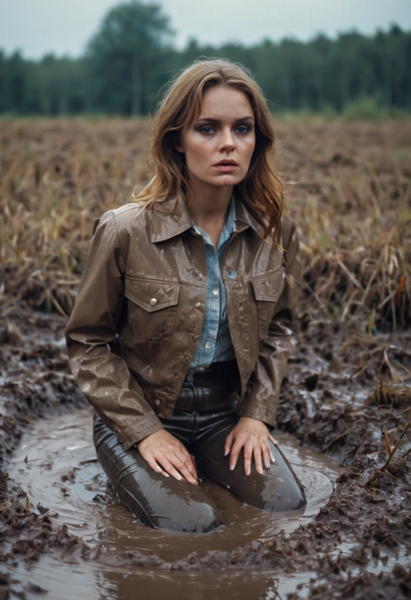 vulnerable shy woman, high waist flared muddy jeans, muddy jacket, muddy blouse, deep sits on back in bog, drowning in bog, caught in sexual+fetish+session, wet+muddy+clothes, 70s style, deep focus, vintage film grain, retro color grading, soft lighting